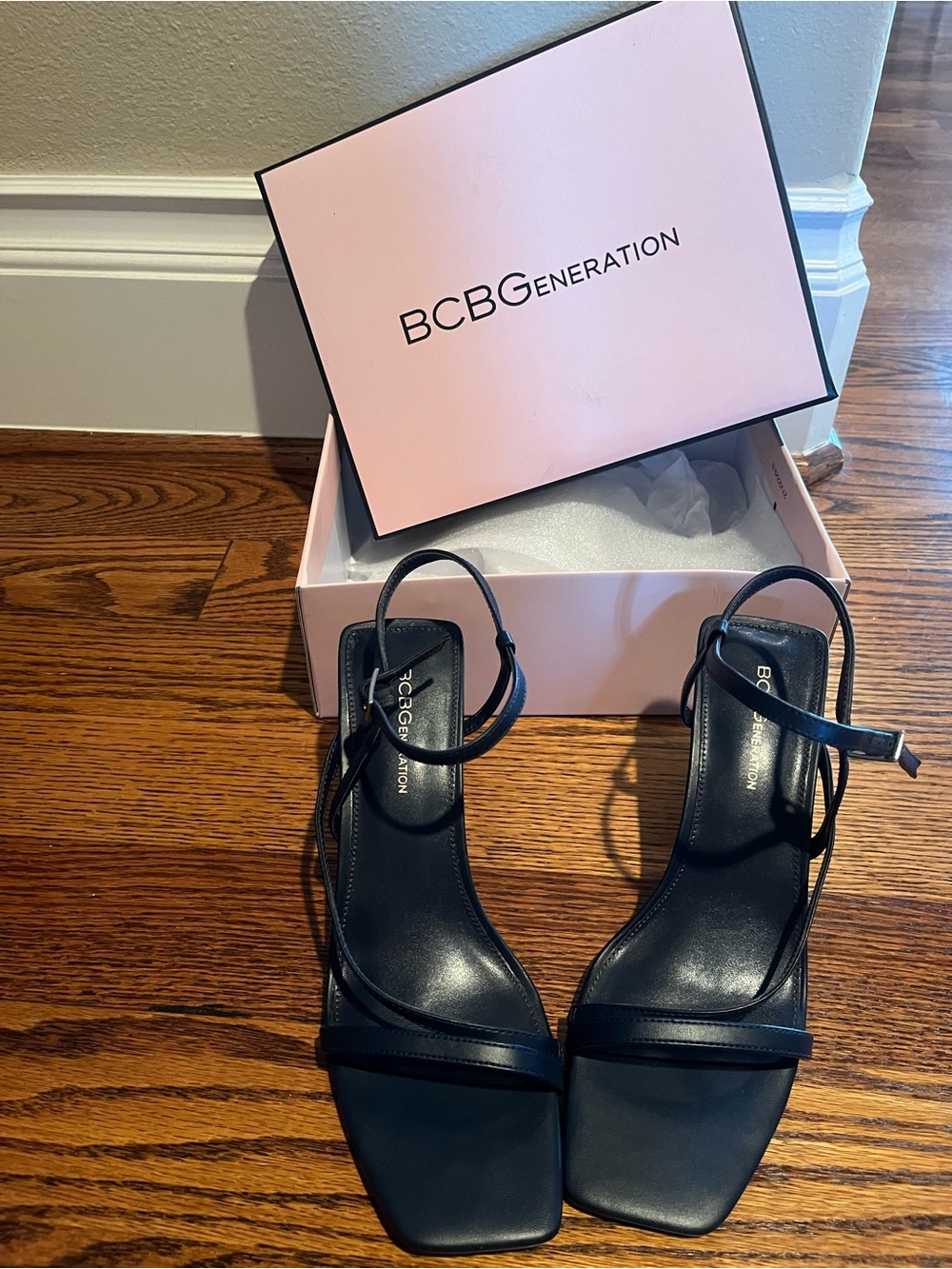 BCBGeneration Navy Blue Strappy Square-Toe Heels